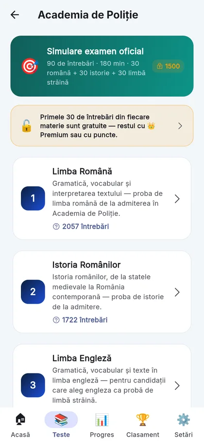 Disciplinele probei: limba română, istoria românilor și limbile străine